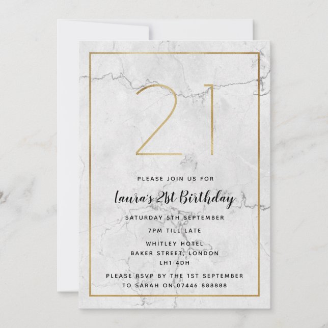 Invitations marbrés blanc et or 21e anniversaire (Devant)
