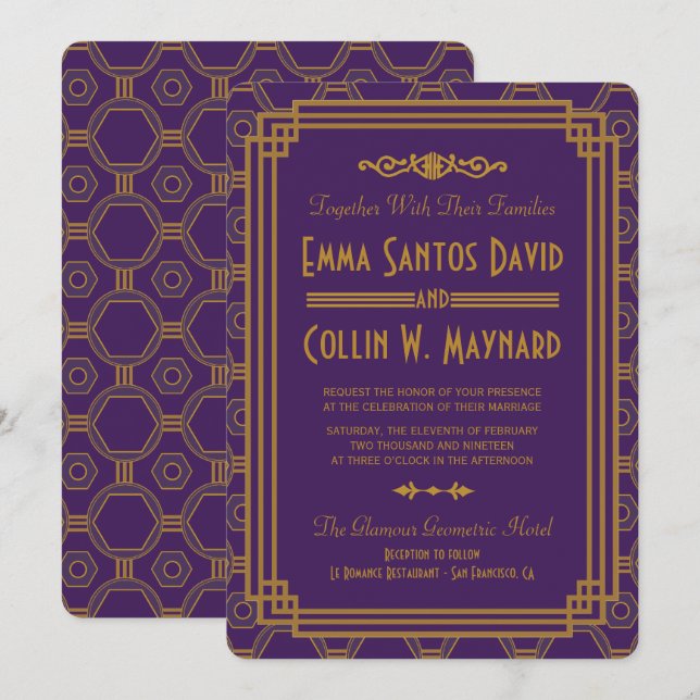 Invitations Mariage Art Déco Violet (Devant / Derrière)