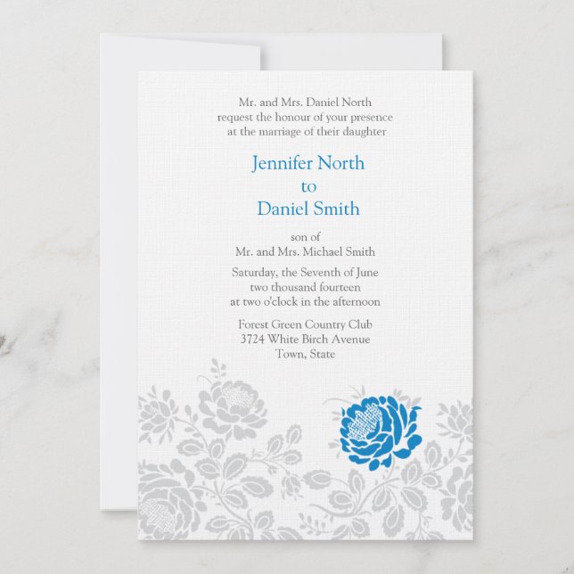 Invitations Mariage damassé Bleues Et Grises (Devant)