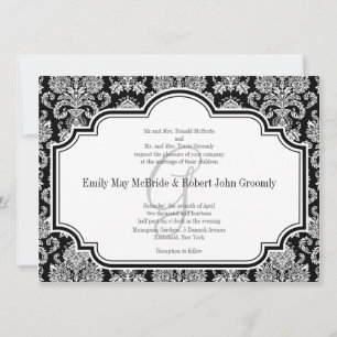 Invitations Mariage damassé en noir blanc monogram