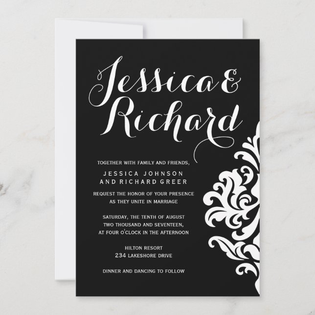 Invitations Mariage damassé en noir et blanc (Devant)