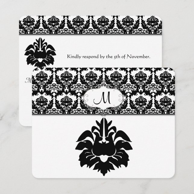 Invitations Mariage damassé en noir et blanc (Devant / Derrière)