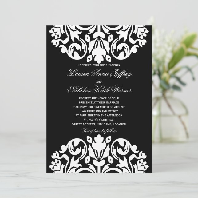 Invitations Mariage damassé en noir et blanc (Debout devant)