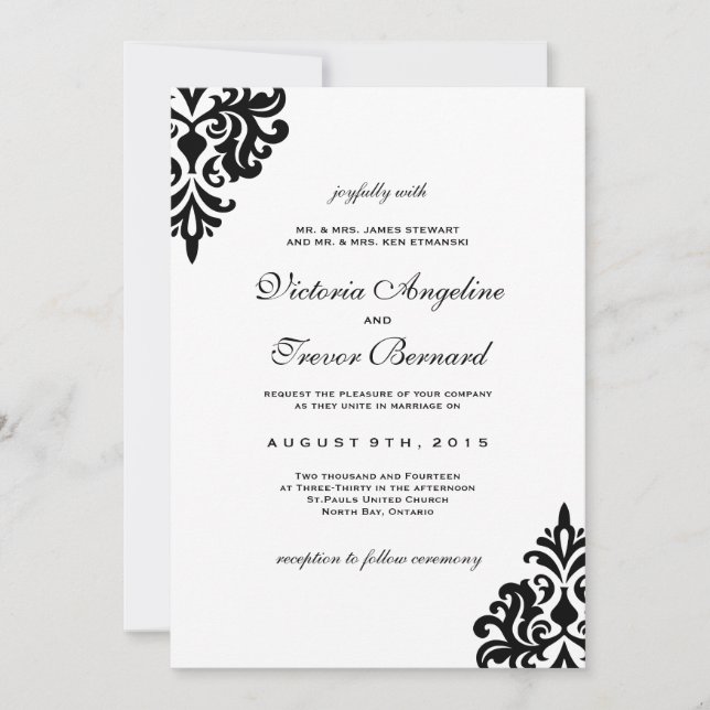 Invitations Mariage damassé en noir et blanc (Devant)