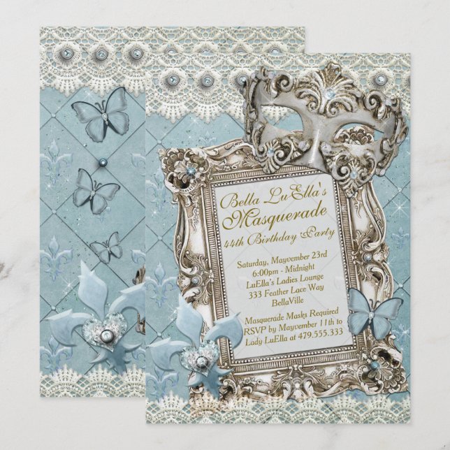 Invitations Masquerade Birthday Event Party (Devant / Derrière)