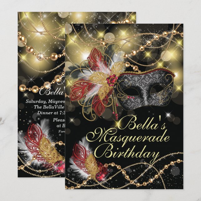 Invitations Masquerade Birthday Event Party (Devant / Derrière)