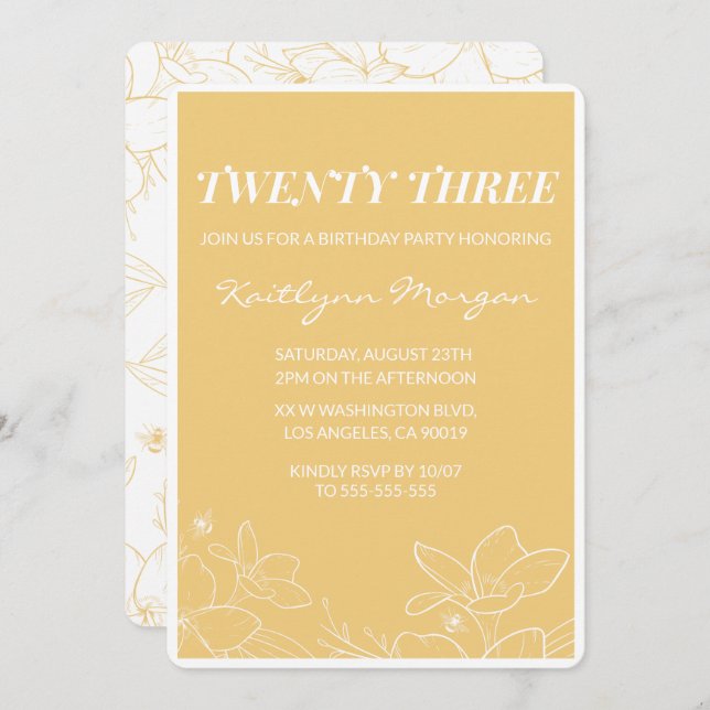 Invitations modernes 23e anniversaire Floral Jaune (Devant / Derrière)