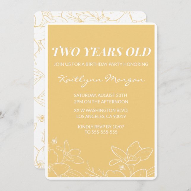 Invitations modernes de 2e anniversaire Floral Jau (Devant / Derrière)