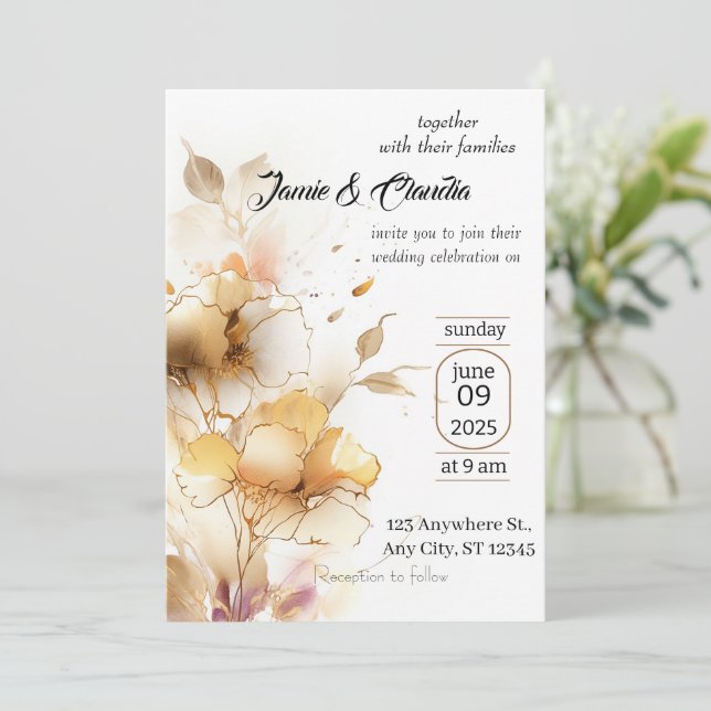 Invitations modernes de mariage blanc et or (Debout devant)