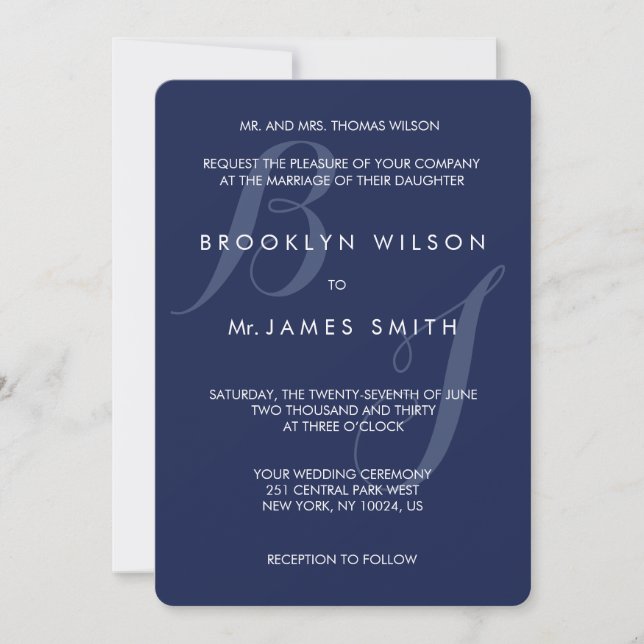 Invitations Monogrammed Round Marine Blue Wedding (Devant)