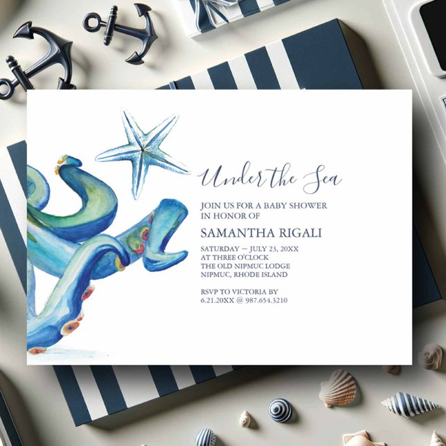 Invitations Nautiques De Douche Bébé Pour Garçon (Nautical baby shower invitations watercolor blue octopus and starfish under the sea theme)