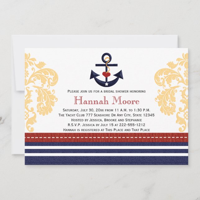 Invitations nautiques de Fête de la mariée d'Ancre (Devant)