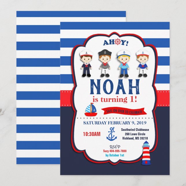 Invitations nautiques de garçons de marins (Devant / Derrière)