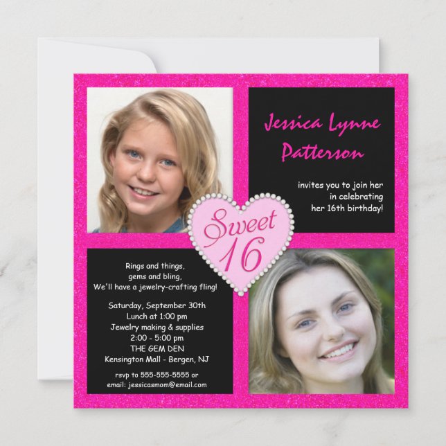 Invitations noires roses de photo de coeur de (Devant)