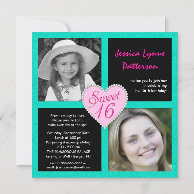 Invitations noires turquoises de photo de coeur de (Devant)