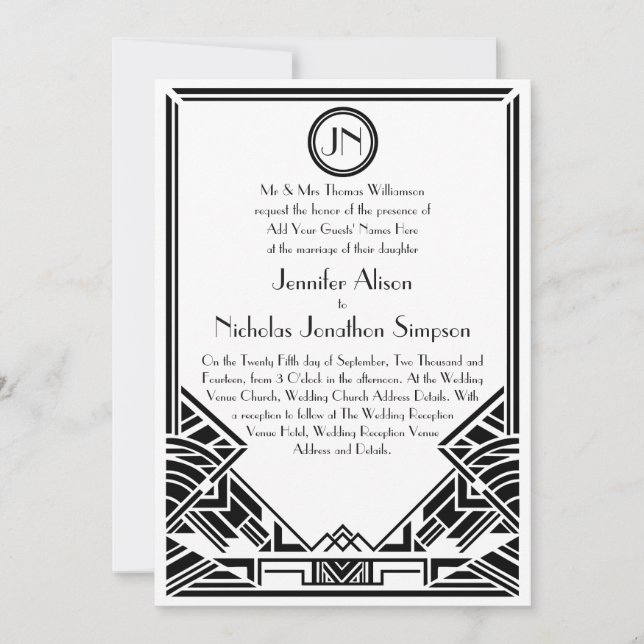 Invitations noirs et blancs de mariage de Gatsby (Devant)