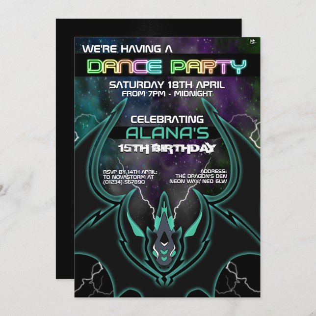 Invitations Nova Dragon Glow Party (Devant / Derrière)