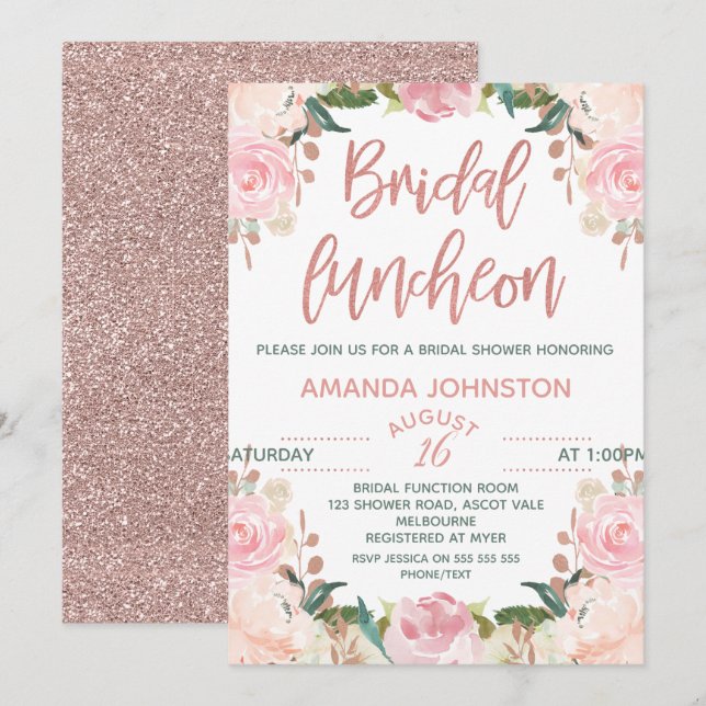 Invitations nuptiales de déjeuner d'or rose floral (Devant / Derrière)