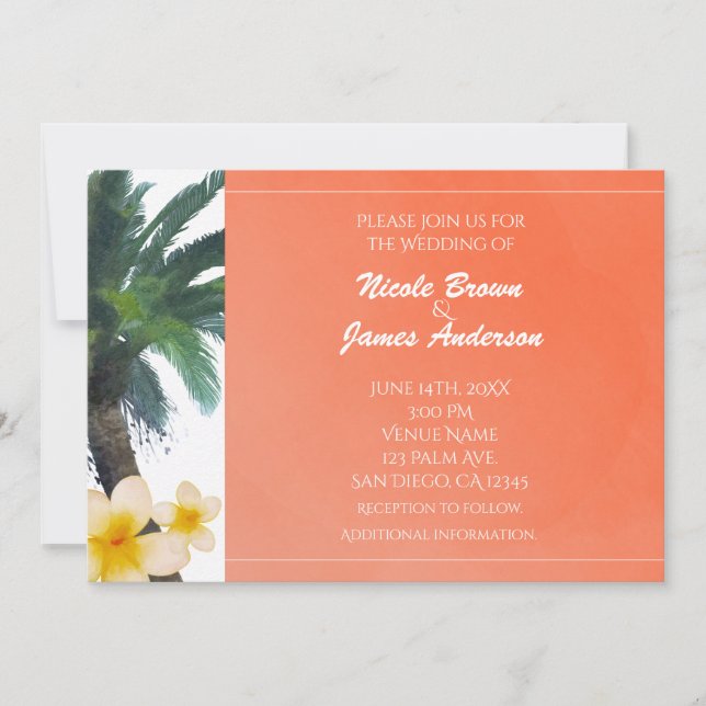 Invitations Orange Tropical Palm Tree & Plumeria (Devant)