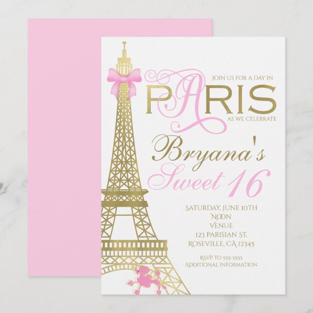 Invitations Paris Chic Elegant Pink & Gold Party (Devant / Derrière)