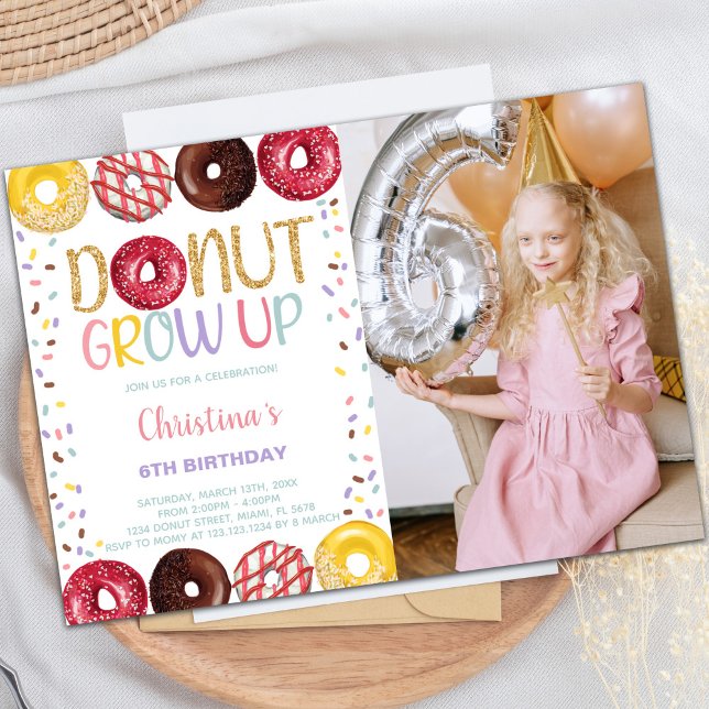 Invitations personnalisables de parties sucrées po (Yellow Donut Birthday Invitations w photo)