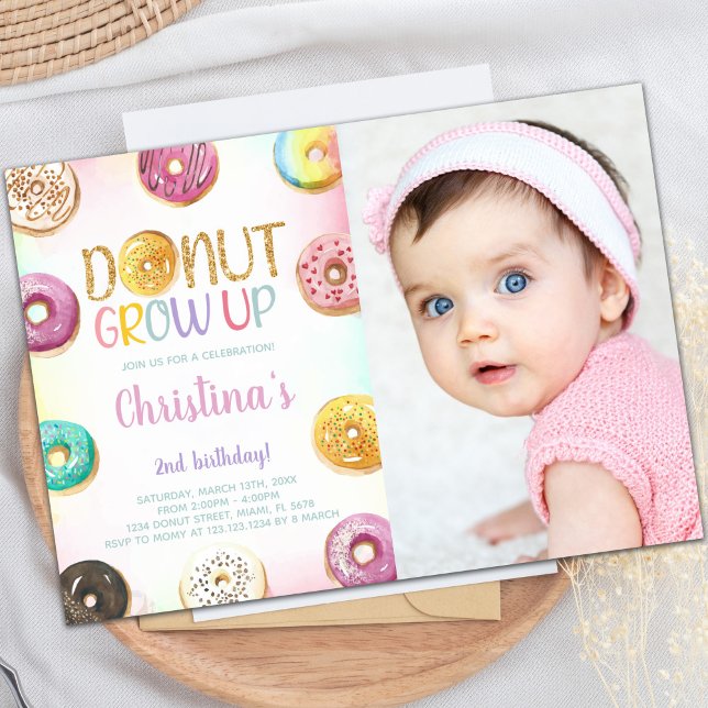 Invitations personnalisables de parties sucrées po (Golden Glitter Donut Birthday Invitations w photo)