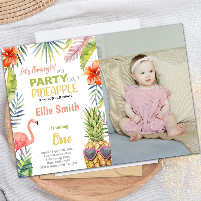 Invitations personnalisables de parties tropicales (Photo Flamingo & Pineapple Birthday Invitations)