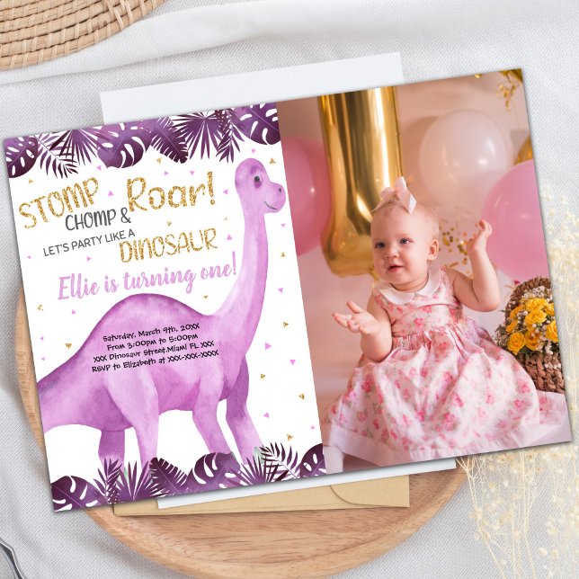 Invitations personnalisables pour les enfants (Pink Glitter Dinosaur Birthday Invitations w photo)