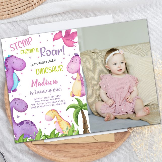 Invitations personnalisables pour les enfants (Pink Purple Dinosaur Birthday Invitations w photo)