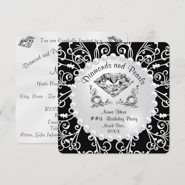 Invitations personnalisées de diamants et de perle (Devant / Derrière)