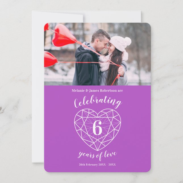 Invitations photo anniversaire 6 ans coeur améthys (Devant)