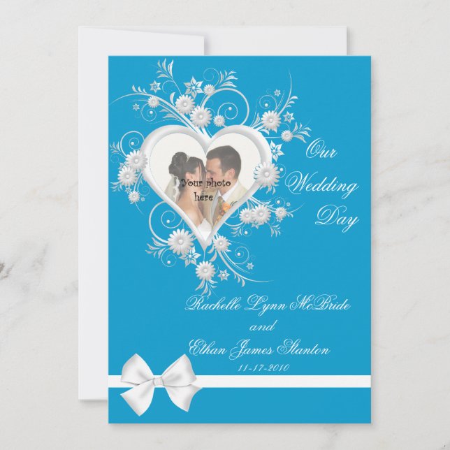Invitations photo de Mariage de Coeur Turquoise et (Devant)