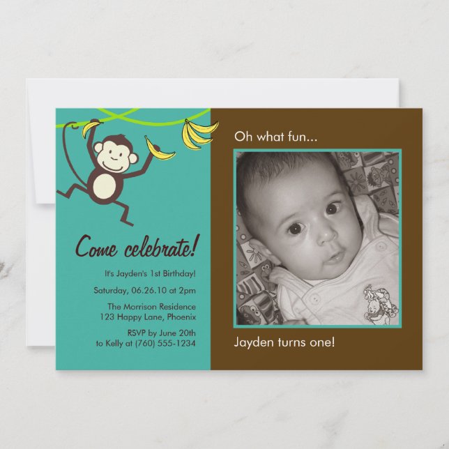 Invitations photo de singe, brunes et turquoises (Devant)