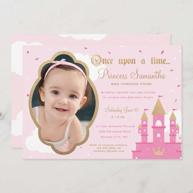 Invitations photo Princess Party | Rose & Or (Devant / Derrière)
