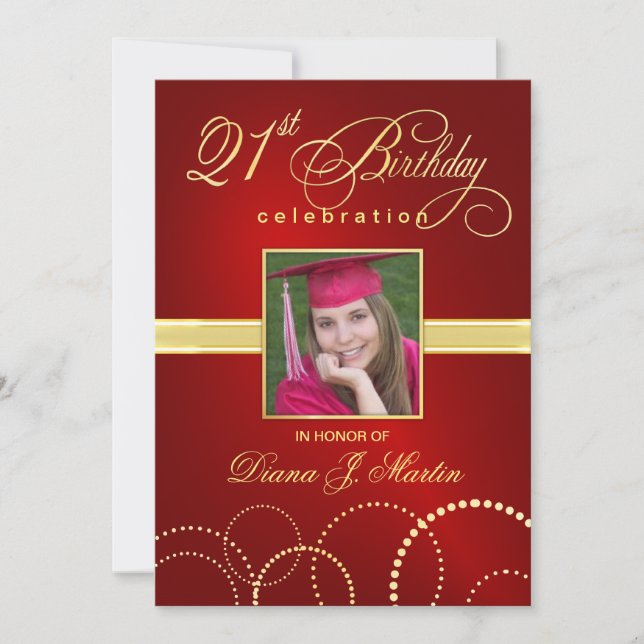 Invitations photo rouge élégantes du 21e anniversa (Devant)