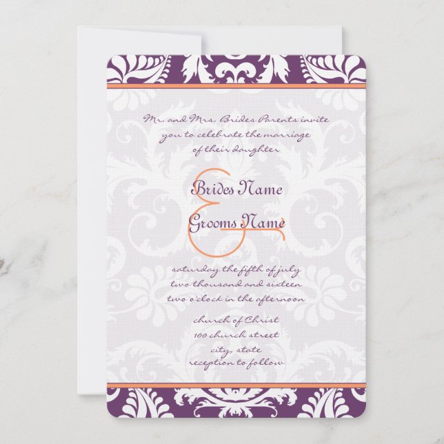 Invitations Plum et Coral Mariage damassé (Devant)