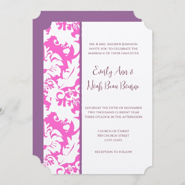 Invitations Plum & Pink Mariage damassé (Devant / Derrière)