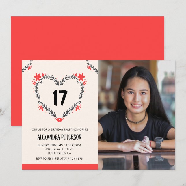 Invitations pour 17e anniversaire pour son coeur f (Devant / Derrière)