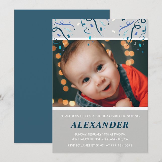 Invitations pour 1er anniversaire Boy Confetti Pho (Devant / Derrière)