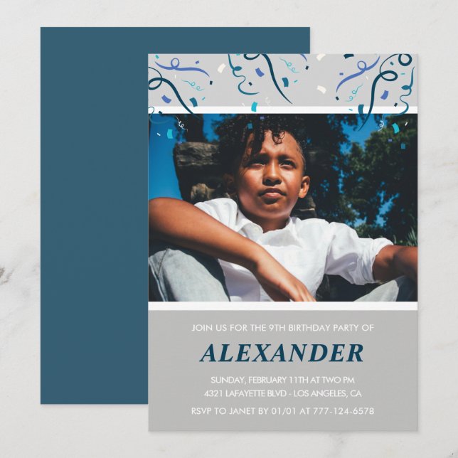 Invitations pour 9 ans Confetti Photo Navy (Devant / Derrière)