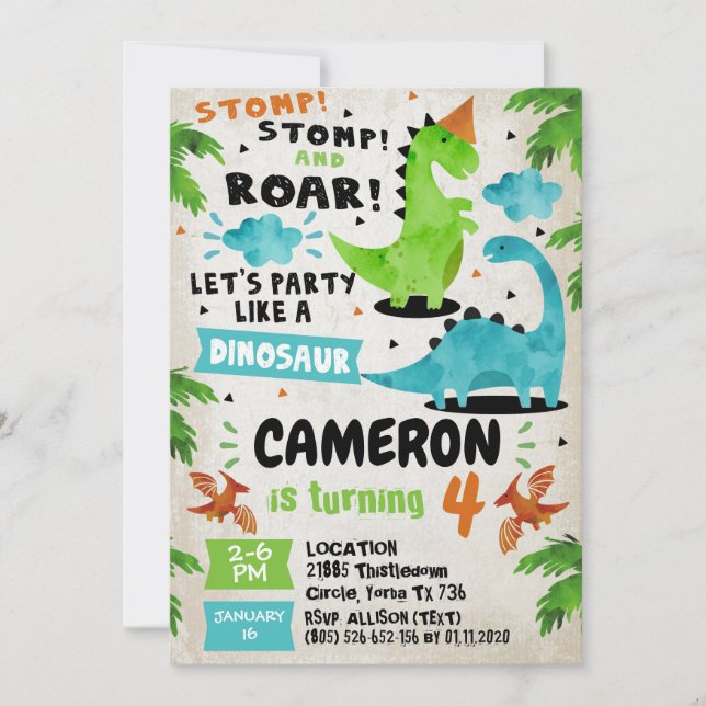 Invitations pour la fête d'anniversaire de Dinosau (Devant)