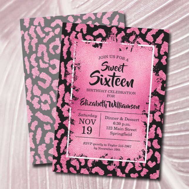 Invitations pour la fête d'anniversaire de Girly L (Pink and black leopard sweet 16th birthday party invitations, PRINTED and/or INSTANT DOWNLOAD)