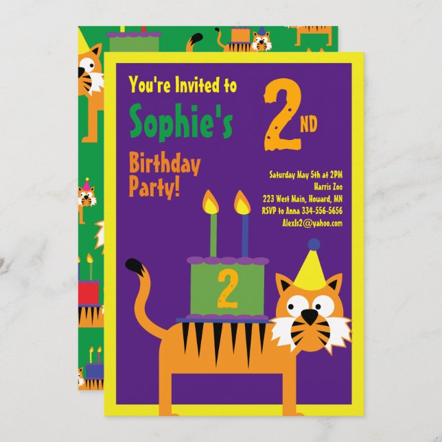 Invitations pour la fête d'anniversaire de Tiger A (Devant / Derrière)