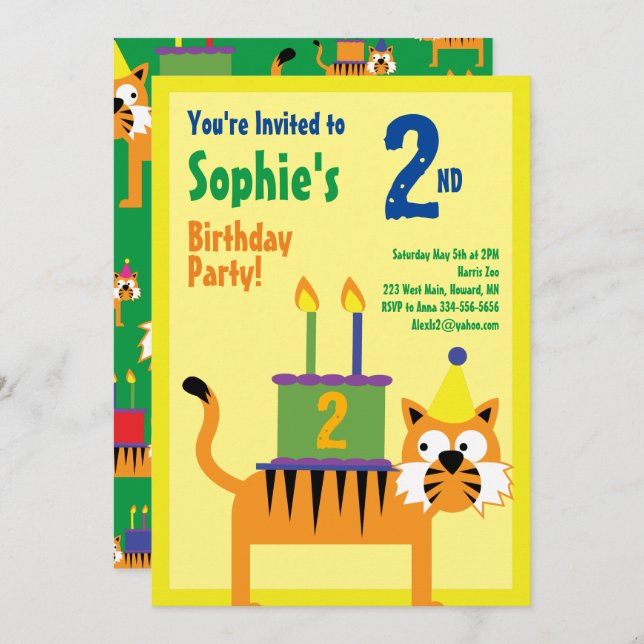 Invitations pour la fête d'anniversaire de Tiger A (Devant / Derrière)