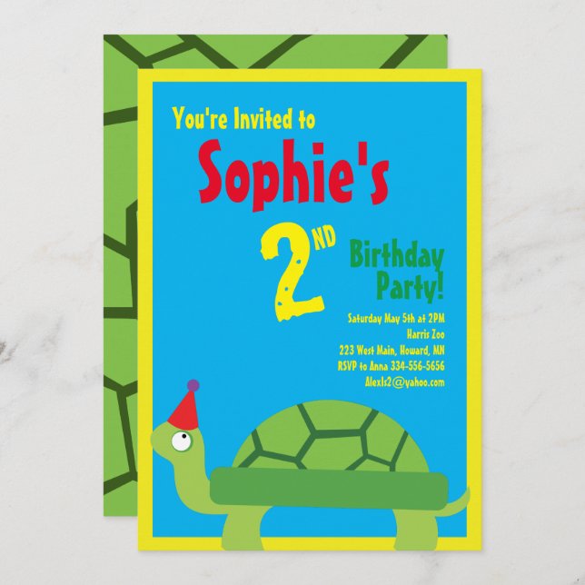 Invitations pour la fête d'anniversaire de Turtle  (Devant / Derrière)