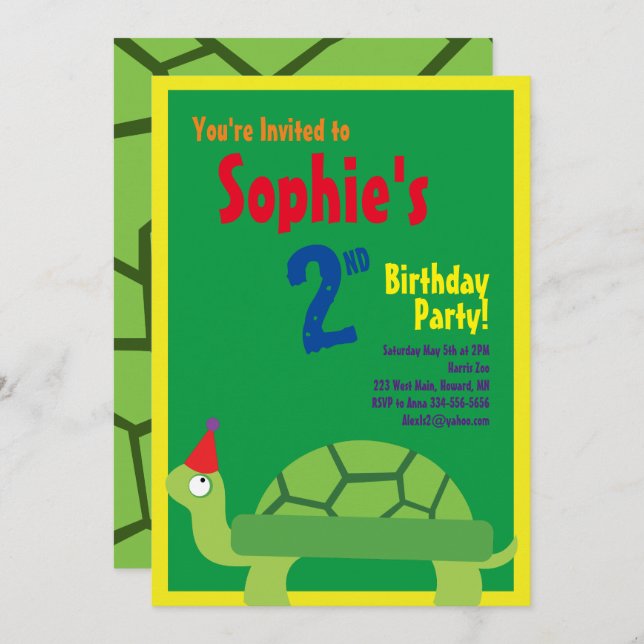 Invitations pour la fête d'anniversaire de Turtle  (Devant / Derrière)
