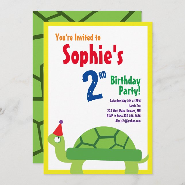 Invitations pour la fête d'anniversaire de Turtle  (Devant / Derrière)