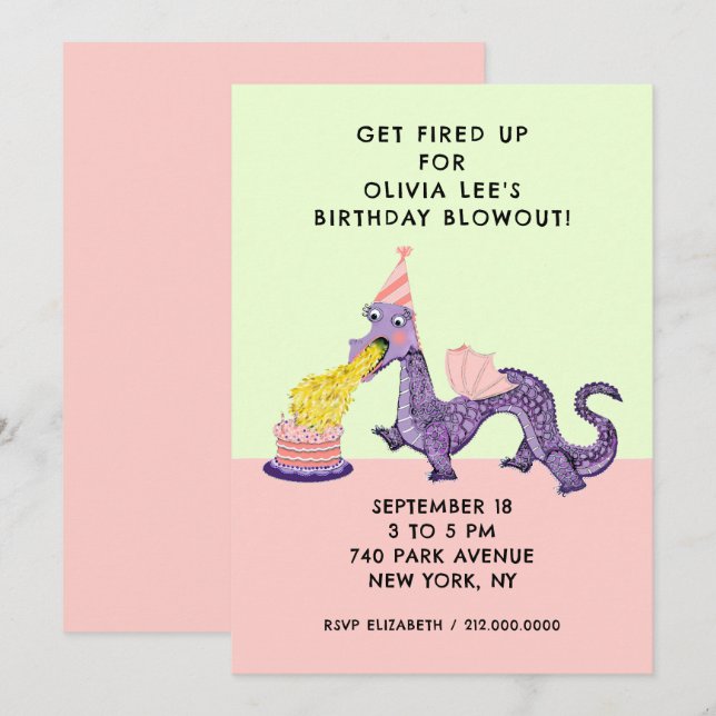 Invitations pour la fête d'anniversaire du dragon (Devant / Derrière)