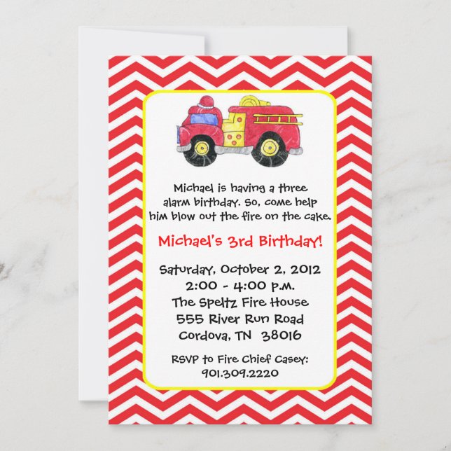 Invitations pour l'anniversaire du camion-feu (Devant)