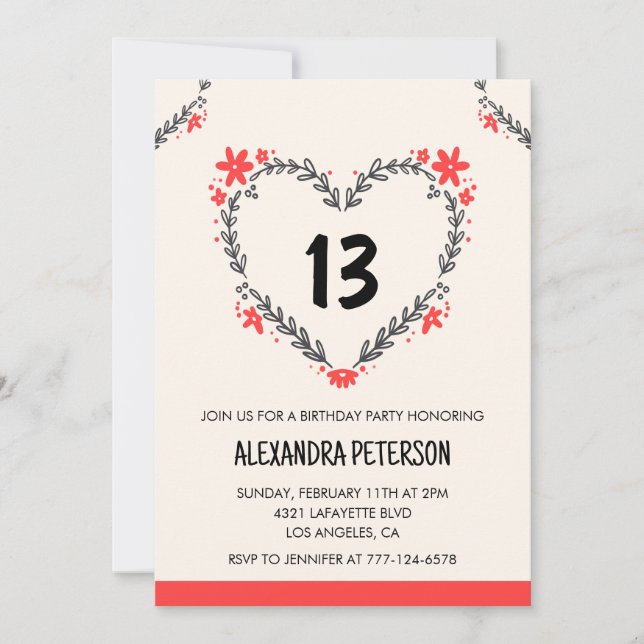 Invitations pour le 13ème anniversaire de son coeu (Devant)